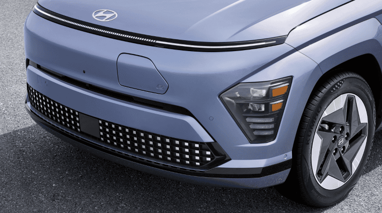 front of 2025 ev Hyundai Kona, showing charging port